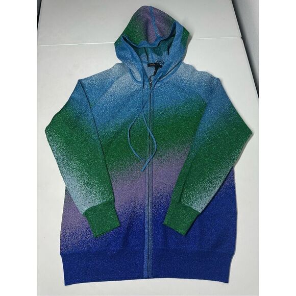 Maje Metallic Multicolor Full Zip Hooded Sweater Blue Purple Green SIZE S/M - Picture 8 of 14